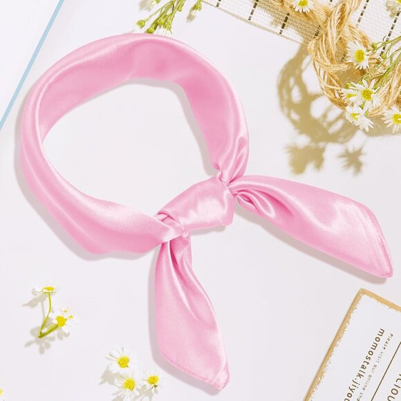 Women Pink Chiffon Square Ribbon Neck Scarf Satin Handkerchief For Halloween - Picture 7 of 7